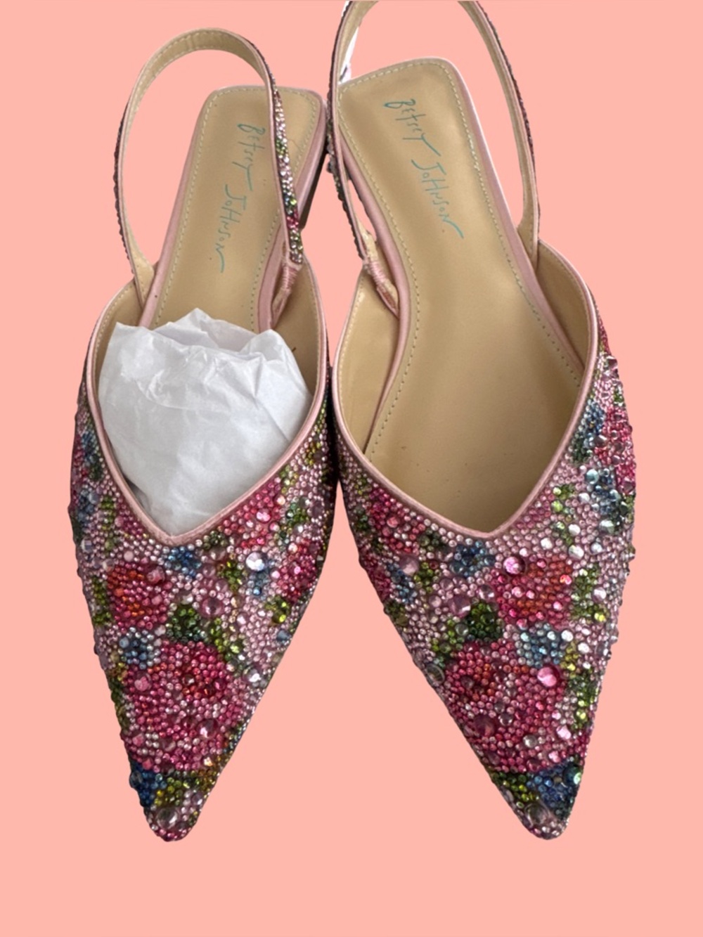 Betsey Johnson Pink Multicolor Floral Crystal Slingback Flats